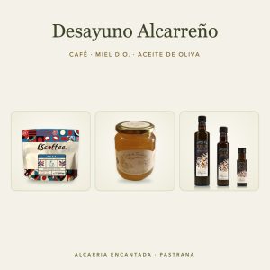 Pack Desayuno Alcarreño: café de especialidad, miel de romero D.O. Alcarria y aceite de oliva virgen extra